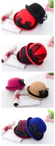 Cappelli a bombetta in lana da donna con fiocco in rete, disponibili in sei colori vivaci