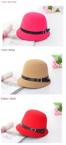 Three colors of wool felt cloche hats featuring slim leather belts and metal buckles