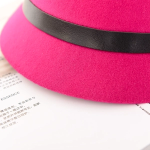 Elegant mauve winter felt fedora hat with a stylish black leather decorative band detail