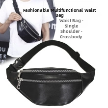 Detail of black faux leather waist bag showing three zippered pockets and versatile strap