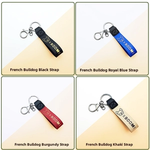 French Bulldog faux leather keychains in black, blue, wine red and khaki with XBOOM text