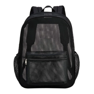 Black heavy-duty mesh backpack with front zipper pocket and adjustable straps on white background