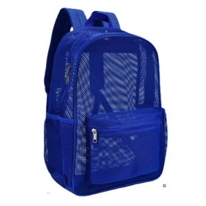 Durable navy blue mesh backpack for travel and beach featuring a front zipper pocket
