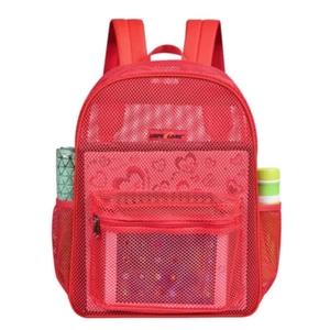 Close-up of red mesh backpack with organized tablet, water bottle and brand logo