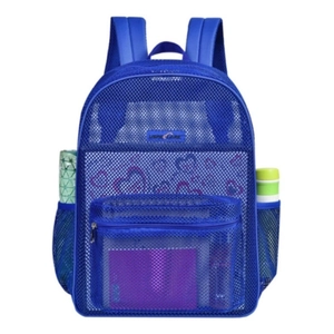Detail of blue mesh backpack with USPECLARE logo on high-load breathable material