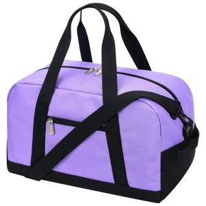 Detail view of purple mini fitness bag with black straps and side mesh pocket