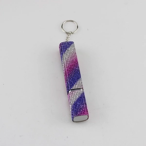 Macro detail of 10ml refillable perfume spray bottle with purple and pink rhinestones