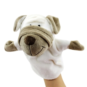 Cute puppy plush hand puppet for kids storytelling, soft animal glove toy for early education.