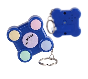 Macro shot of blue mini memory game console keychain with four colored buttons and metal ring