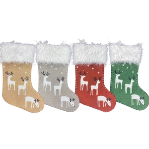 4er-Set Weihnachtsstrümpfe in Rot, Grün, Grau, Beige mit Rentier-Motiv und Kunstpelz