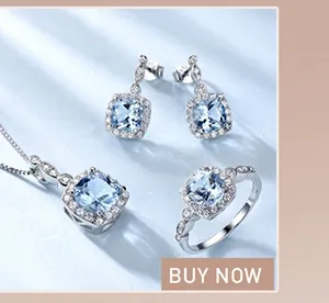 Detailed view of S925 silver jewelry set with square light blue gemstones and diamonds