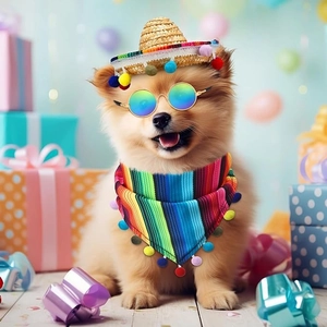 Colorful pet sombrero and striped scarf set with sunglasses for party decoration