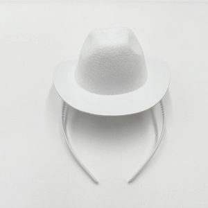 Detail view of the white felt mini cowboy hat headband for party decoration and festive fun