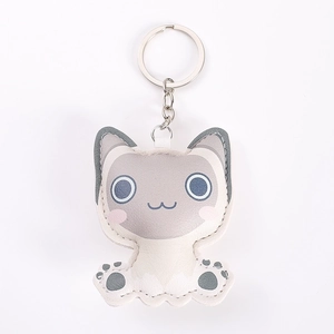 Detail of grey and white PU leather cartoon cat keychain with metallic ring and stitching
