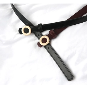 Women Thin PU Leather Belt With Gold Round Alloy Buckle Snap Button Solid Color Fashion Waistband For Dresses Jeans