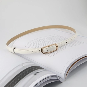 Detail of a white slim leather belt with gold square buckle on an open book
