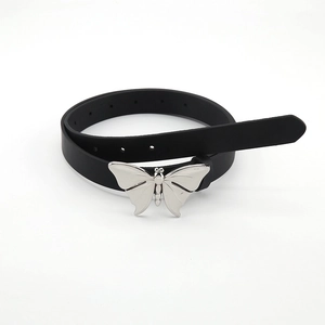 Women's Y2K Aesthetic Butterfly Buckle Belt PU Leather Slim Vintage Waist Strap Metal Butterfly Rhinestone Decor Black Belt