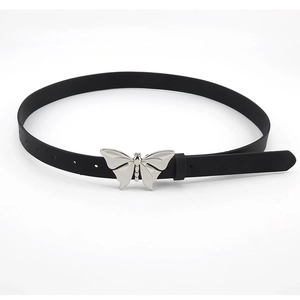 Minimalist black leather belt for women featuring a vintage silver butterfly metal buckle