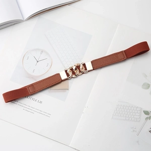 Elastic brown waist belt for women with elegant golden chain buckle on a fashion magazine