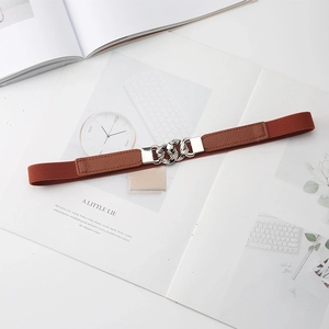 Close-up of brown elastic belt with silver chain buckle on a minimalist white background