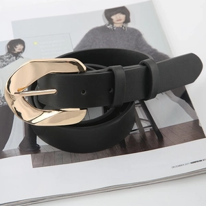 Chic black leather belt for women featuring a stylish gold irregular geometric buckle