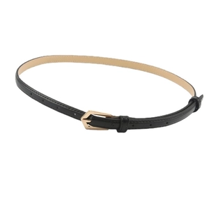 Slim black leather belt for women featuring a minimalist gold geometric buckle on white background