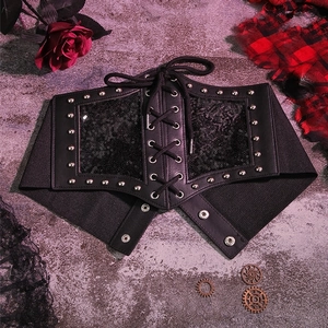 Gothic black leather lace-up corset belt with rivet details and sequin trim decoration