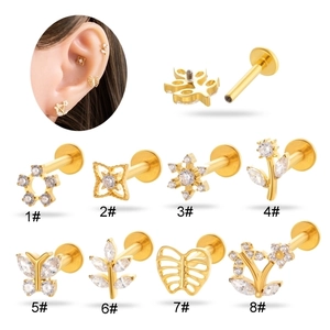 Titanium Alloy Zircon Labret Stud Internally Threaded Flat Back Ear Cartilage Piercing Flower Butterfly Leaf Star Motif
