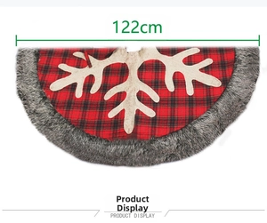 Detail of 48 inch red and black plaid Christmas tree skirt with reindeer embroidery