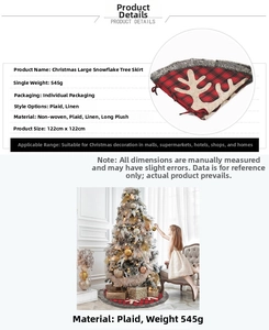 Detail of 48 inch red plaid Christmas tree skirt with plush edge and snowflake pattern