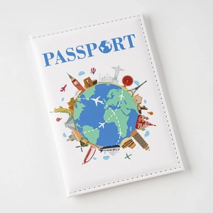White universal passport cover with colorful world landmark illustrations and blue text