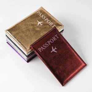 Metallic PU leather passport holder case with airplane logo available in multiple colors