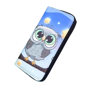 Cartoon owl printed long wallet in blue faux leather with secure metal zipper closure