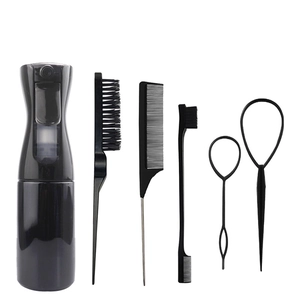 6-piece black professional hair styling set including spray bottle, combs and edge brush