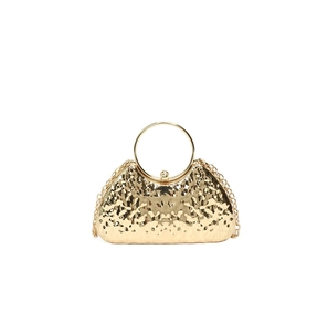 Elegant gold evening bag with hammered texture, circular metal handle and chain strap