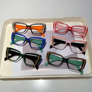 Six pairs of colorful striped anti-blue light glasses in various trendy color combinations