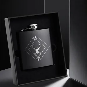Matte black stainless steel hip flask gift set with geometric deer head laser engraving