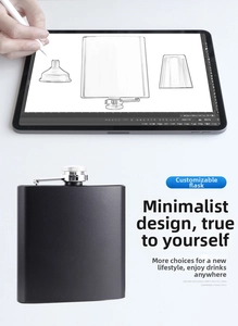 Macro shot of 8oz black matte stainless steel hip flask with funnel design diagram