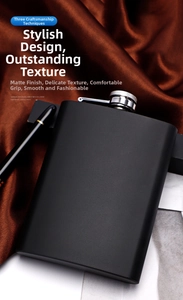 Close-up of 8oz black matte stainless steel hip flask with silver screw cap on silk