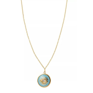 Detailed macro view of 18K gold plated evil eye pendant with light blue enamel finish