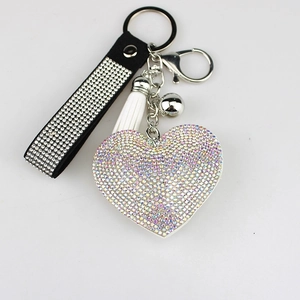 Elegant heart keychain with AB rhinestones, black diamond wristband and white tassel
