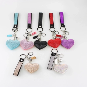 Fashion Alloy Rhinestone Heart Keychain PU Leather Strap Tassel Bell Car Keyring Bag Pendant Jewelry For Women