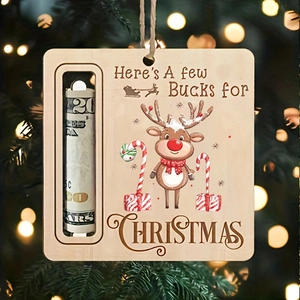 Detail of wooden reindeer Christmas money holder ornament hanging on a festive tree