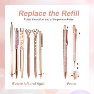 Detail showing various rose gold crown pens and a step-by-step ink refill guide
