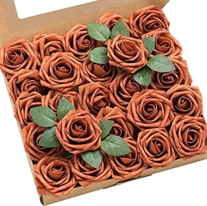Top view of rust red foam artificial roses neatly arranged in a kraft paper gift box