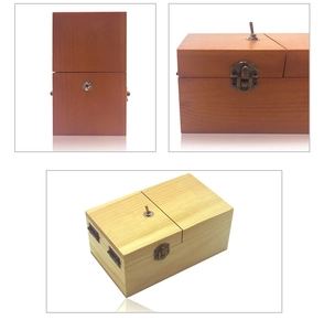 Detailed views of the wooden useless box with metal toggle switch and latch in two colors