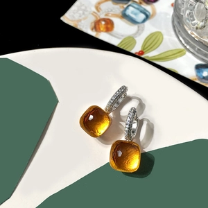 Elegant S925 silver square yellow crystal drop earrings with micro-pave cubic zirconia