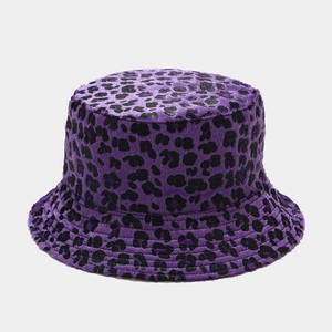 Detailed close-up of purple leopard print bucket hat made of soft faux fur plush fabric