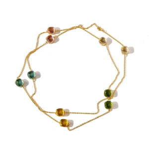 Luxurious long gold chain necklace with multi-colored square cut crystal gemstones