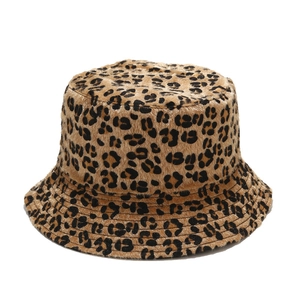 Stylish leopard print faux fur bucket hat for women with a round crown and wide brim for winter